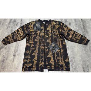 Vintage 80s Jacket‎ Black Gold Duster Cotton Leather Art Deco Tassle Bling Retro